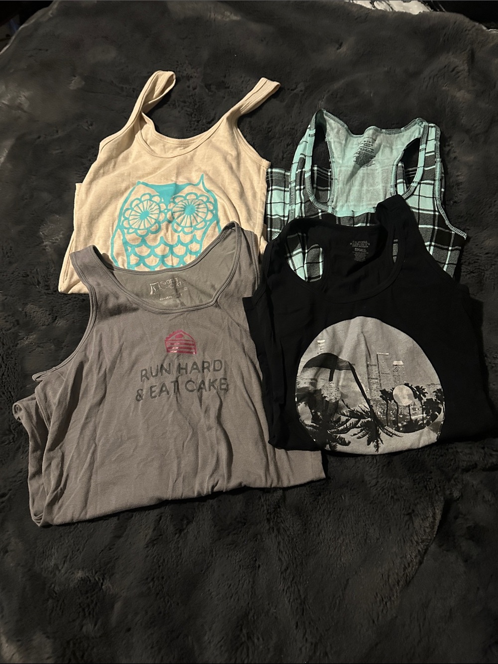 Lot of 4 Graphic Tank Tops - Owl, Plaid, Grey Slogan, Black Graphic